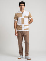 Zynox Cream With White Knitted Cotton Zipper Polo Designer T-Shirt