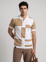 Zynox Cream With White Knitted Cotton Zipper Polo Designer T-Shirt