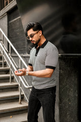 Oreo Black With White Check Knitted Cotton Polo T-Shirt
