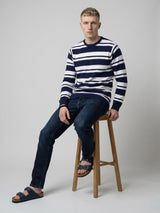 Froven NavyBlue With White Stripe Knitted Cotton Full Sleeves T-Shirt