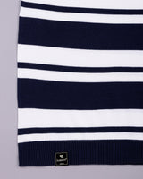 Froven NavyBlue With White Stripe Knitted Cotton Full Sleeves T-Shirt