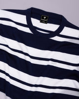 Froven NavyBlue With White Stripe Knitted Cotton Full Sleeves T-Shirt