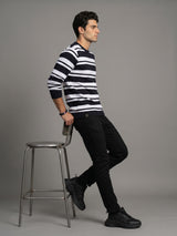 Froven Black With White Stripe Knitted Cotton Full Sleeves T-Shirt