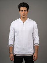Brelon White Stripe Knitted Cotton Full Sleeves Zipper Polo T-Shirt