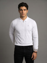 Brelon White Stripe Knitted Cotton Full Sleeves Zipper Polo T-Shirt