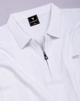 Brelon White Stripe Knitted Cotton Full Sleeves Zipper Polo T-Shirt