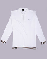 Brelon White Stripe Knitted Cotton Full Sleeves Zipper Polo T-Shirt