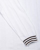 Brelon White Stripe Knitted Cotton Full Sleeves Zipper Polo T-Shirt