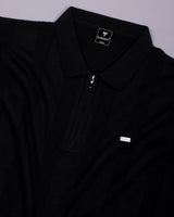Brelon Black Stripe Knitted Cotton Full Sleeves Zipper Polo T-Shirt