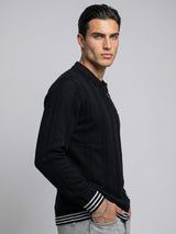 Brelon Black Stripe Knitted Cotton Full Sleeves Zipper Polo T-Shirt