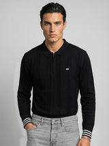 Brelon Black Stripe Knitted Cotton Full Sleeves Zipper Polo T-Shirt