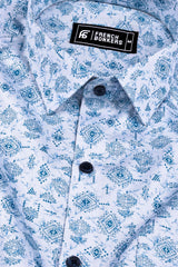 White with blue vintage design printed cotton shirt