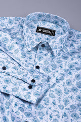 White with blue vintage design printed cotton shirt