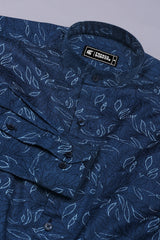 Florvyn Blue with Sky Leaf Print Cotton Shirt