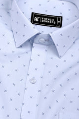 Ice Blue With Navyblue Doted Cross printed Cotton Shirt