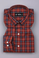 Brick Orange With Navyblue Check Cotton Shirt