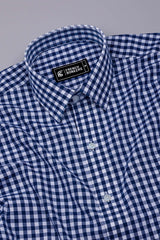 Laos Navy Blue With White Gingham Check Cotton Shirt