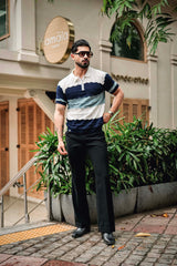 Daisy white With Blue Knitted Cotton Zipper Polo T-Shirt