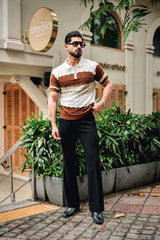 Daisy white With Brown Knitted Cotton Zipper Polo T-Shirt