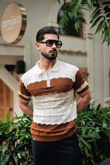 Daisy white With Brown Knitted Cotton Zipper Polo T-Shirt