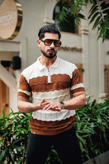 Daisy white With Brown Knitted Cotton Zipper Polo T-Shirt