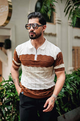 Daisy white With Brown Knitted Cotton Zipper Polo T-Shirt