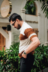 Daisy white With Brown Knitted Cotton Zipper Polo T-Shirt