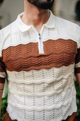 Daisy white With Brown Knitted Cotton Zipper Polo T-Shirt