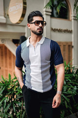 Rexon Blue With White Knitted Cotton Zipper Polo T-Shirt