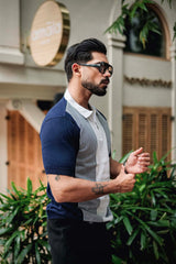 Rexon Blue With White Knitted Cotton Zipper Polo T-Shirt