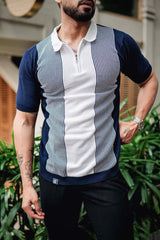 Rexon Blue With White Knitted Cotton Zipper Polo T-Shirt
