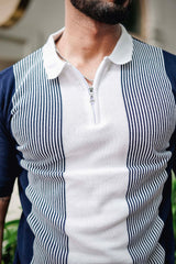 Rexon Blue With White Knitted Cotton Zipper Polo T-Shirt