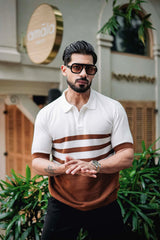 Cookie Brown With White Knitted Cotton Polo T-Shirt