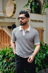 Vellin White With black Knitted Cotton Polo T-Shirt