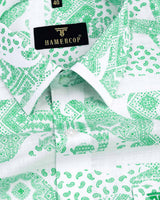 Green Heritage Paisley Printed White Linen Cotton Shirt
