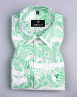Green Heritage Paisley Printed White Linen Cotton Shirt