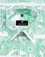 Green Heritage Paisley Printed White Linen Cotton Shirt