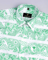 Green Heritage Paisley Printed White Linen Cotton Shirt
