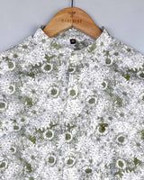 Ditzy Green Flower Printed White Amsler Linen Cotton Shirt