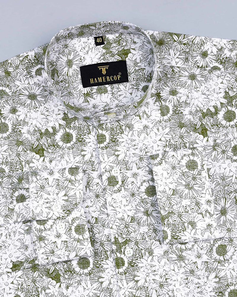 Ditzy Green Flower Printed White Amsler Linen Cotton Shirt