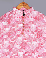 Raspberry Red Flower Art Printed Cotton Shirt Style Kurta