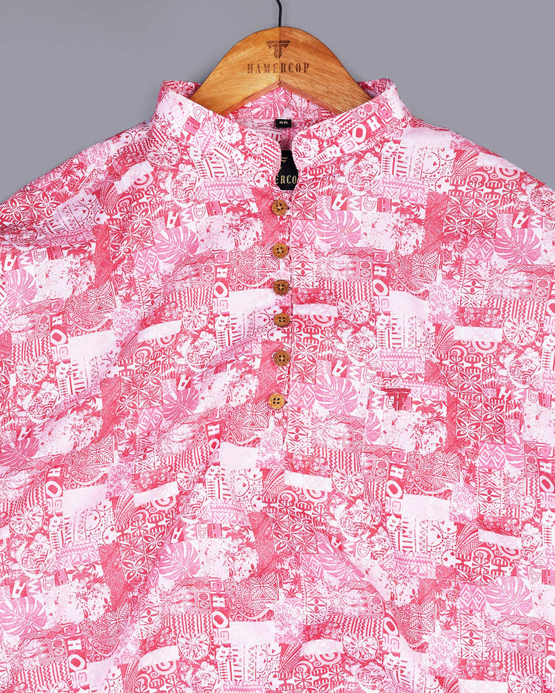 Raspberry Red Flower Art Printed Cotton Shirt Style Kurta