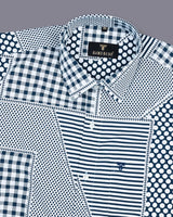 Teal Blue Geomatrical Print With White Designer Cotton Shirt