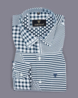 Teal Blue Geomatrical Print With White Designer Cotton Shirt