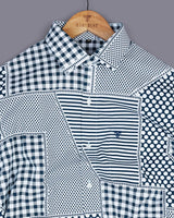 Teal Blue Geomatrical Print With White Designer Cotton Shirt
