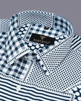 Teal Blue Geomatrical Print With White Designer Cotton Shirt