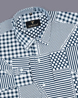 Teal Blue Geomatrical Print With White Designer Cotton Shirt