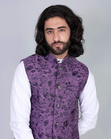 Wine Flower Printed Jacquard Designer Nehru Jacket