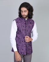 Wine Flower Printed Jacquard Designer Nehru Jacket