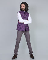Wine Flower Printed Jacquard Designer Nehru Jacket